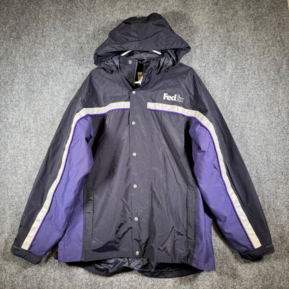 FedEx Stan Herman Uniform Rain Jacket Mens XL Black Purple Reflective Vintage